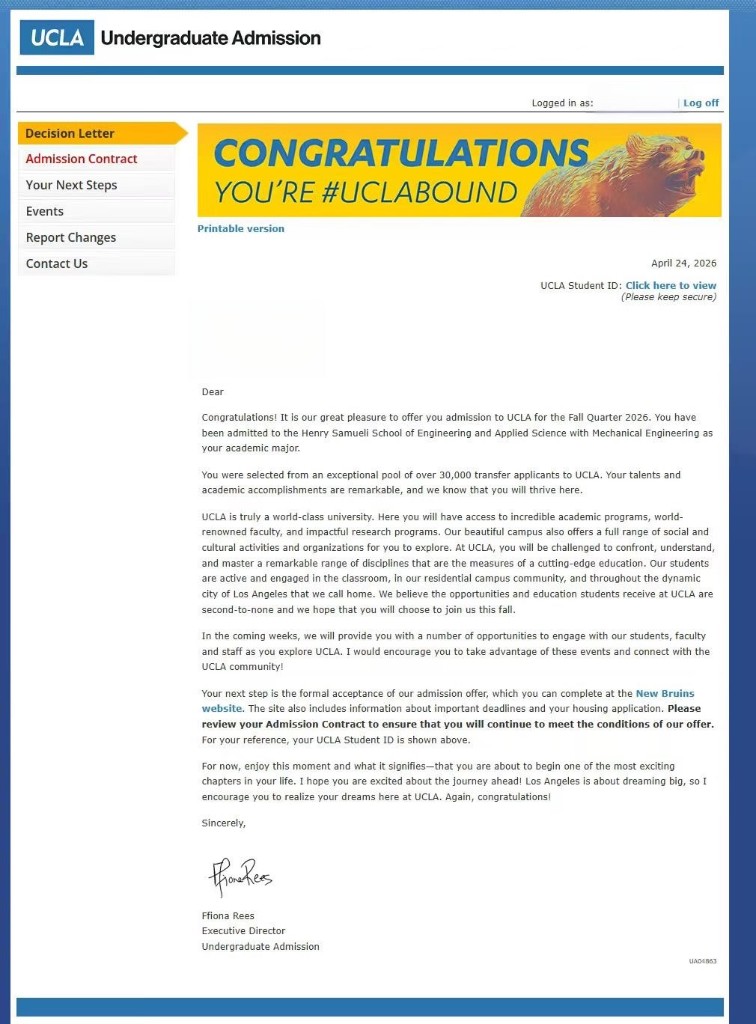 C 同学 UCLA Mechanical Engineering 录取通知(Fall 2026)